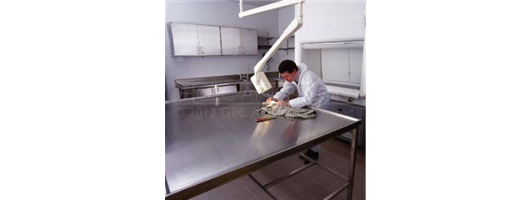 Large stainless steel, height adjustable examination table