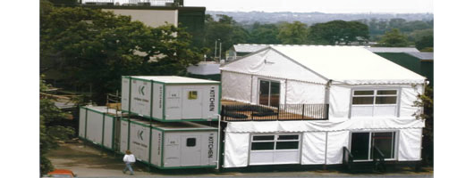 Stacked temporary catering units at Wimbledon, London