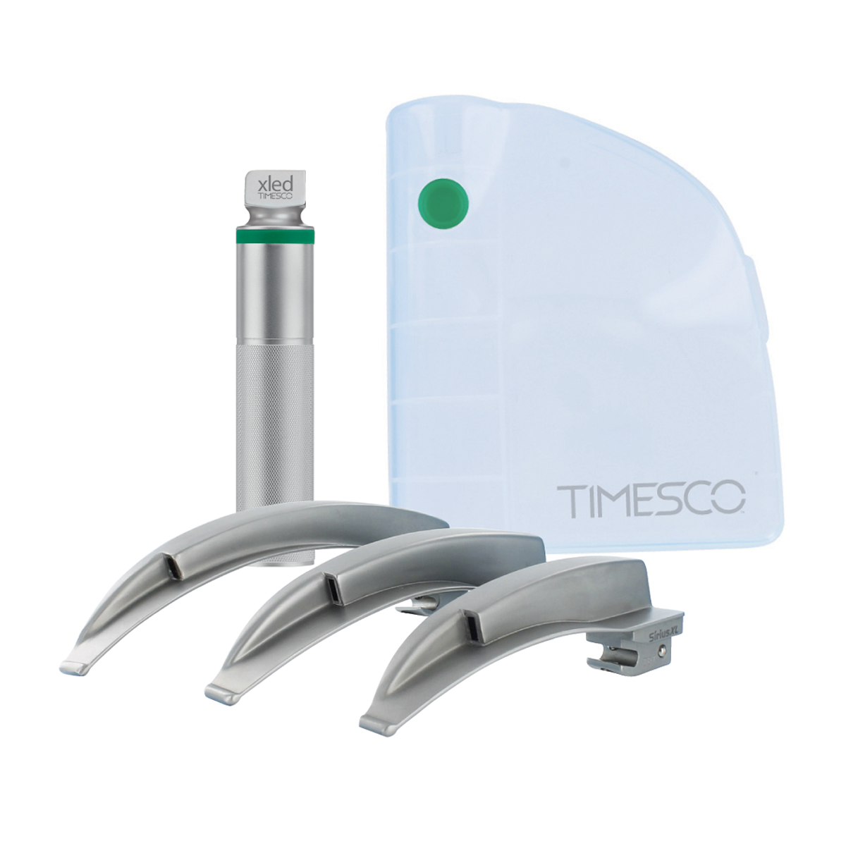 Laryngoscope Set – XLED Handle, Sirius Mac 4, 3 & 2 Blades With Insert & Clear Plastic Case