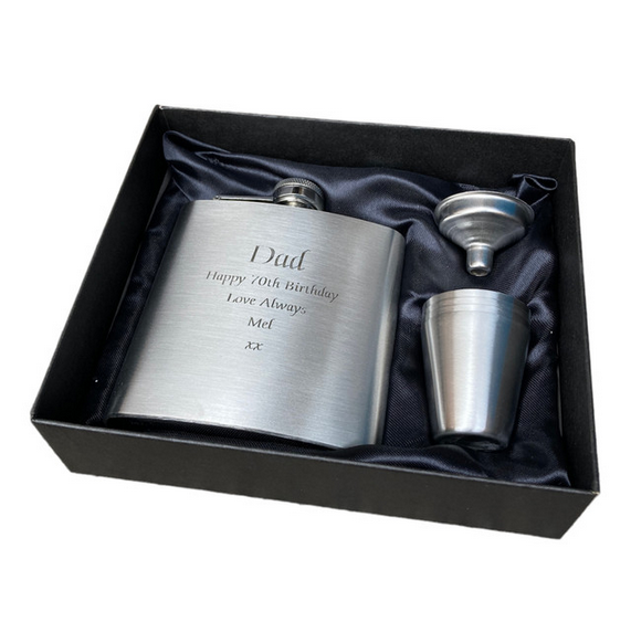 Personalised Silver Hip Pocket Flask Gift Set