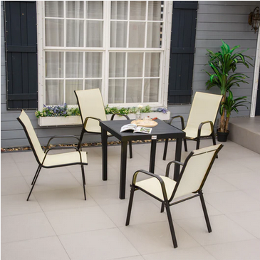 Outsunny Set of 4 Garden Dining Chair Set Stackable Outdoor Patio Furniture Set with High Back and Armrest, Beige 