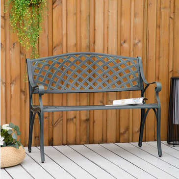 Outsunny Cast Aluminium Garden Bench 2 Seater Antique Loveseat for Outdoor Patio Porch Park, Verdigris 
