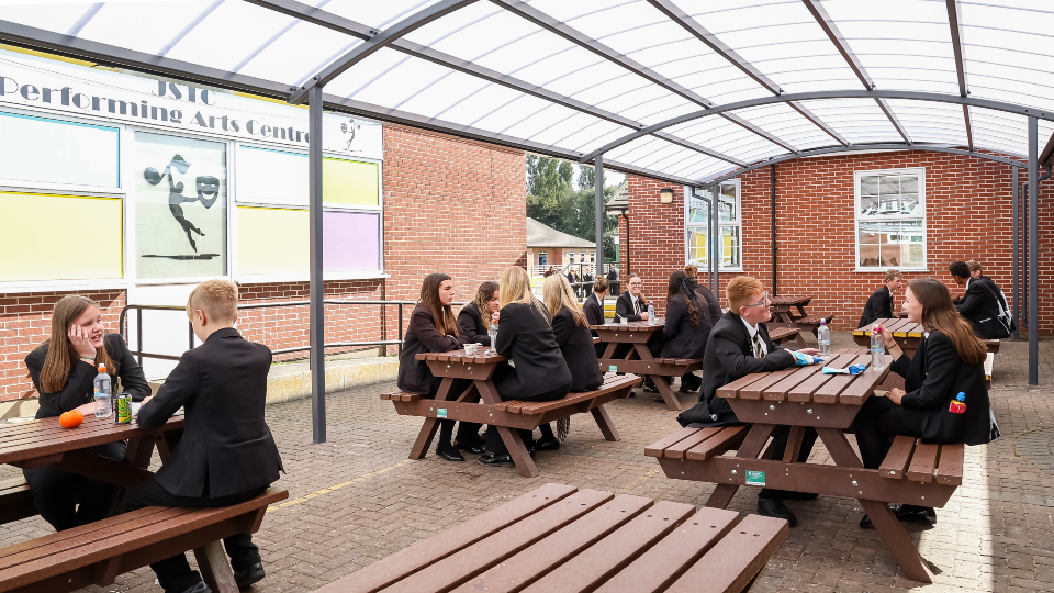 Create practical outdoor eating areas with A&S Landscape dining canopies for schools.