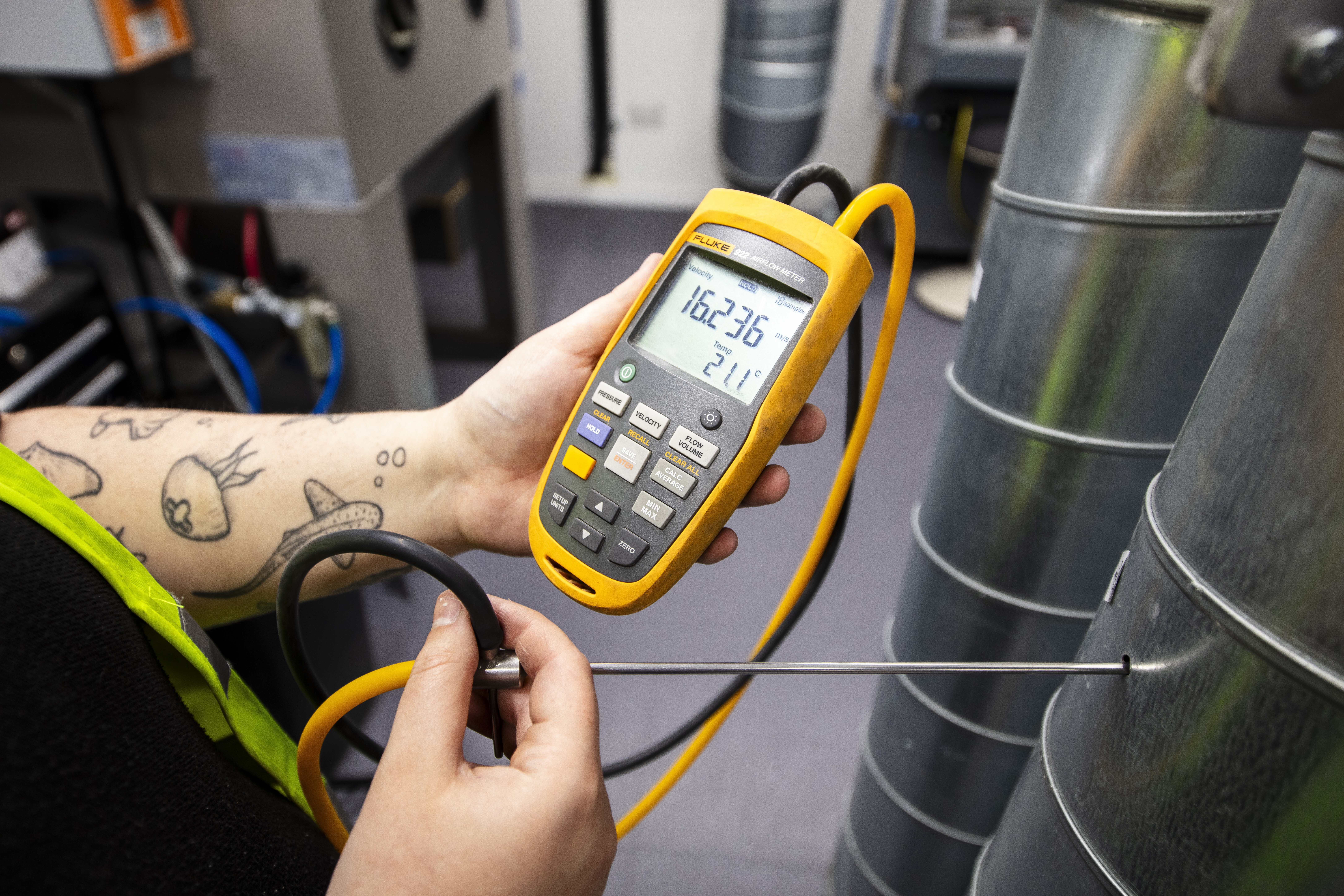 Testing equipment reading airflow of LEV system for thorough examination and test