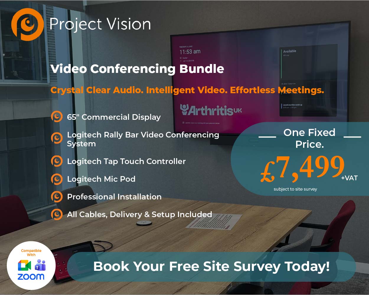 Project Vision all-in-one video conferencing room bundle with 65-inch display, Logitech Rally Bar, Tap controller and Mic Pod with professional installation.