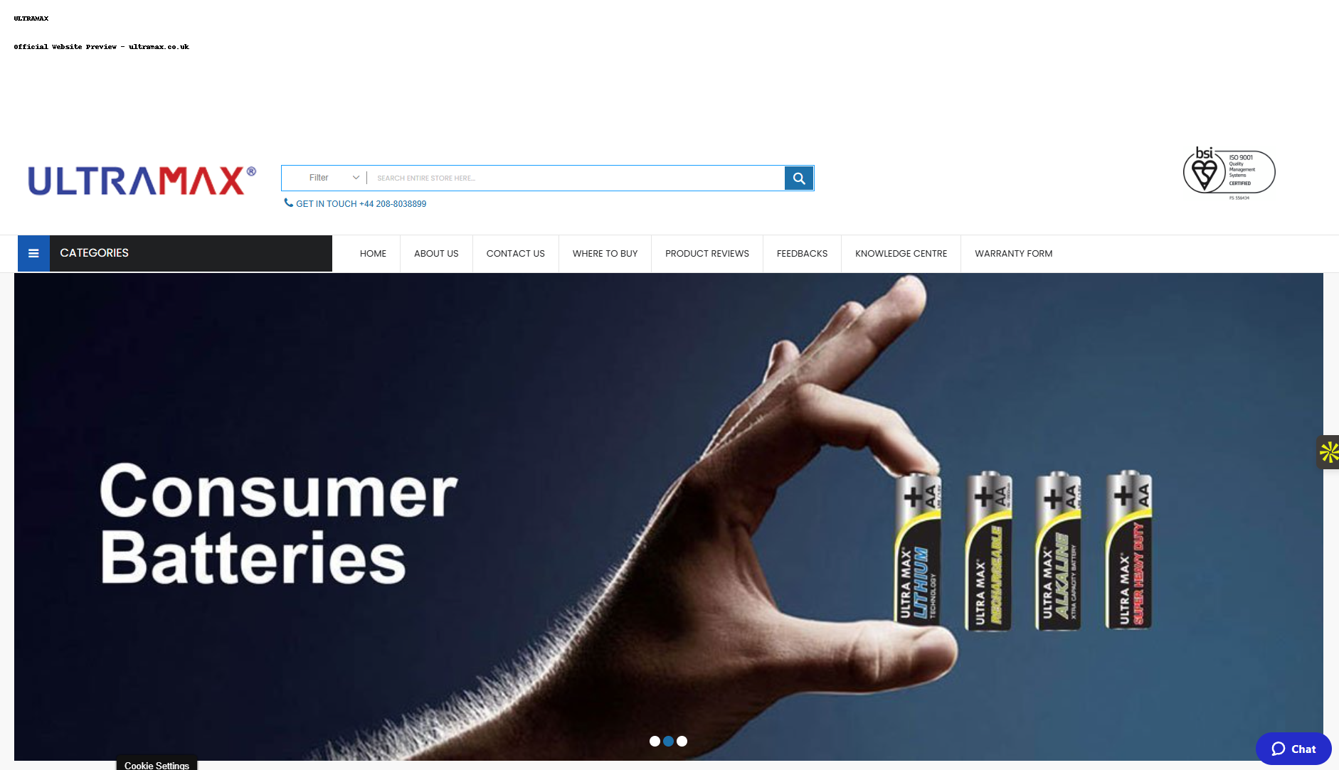 Ultramax homepage preview showing company branding, navigation menu and lithium battery product banner