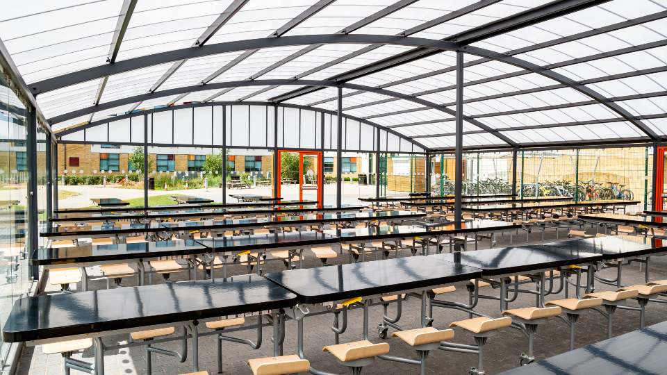 Stylish school dining canopies by A&S Landscape, perfect for lunches and social spaces.