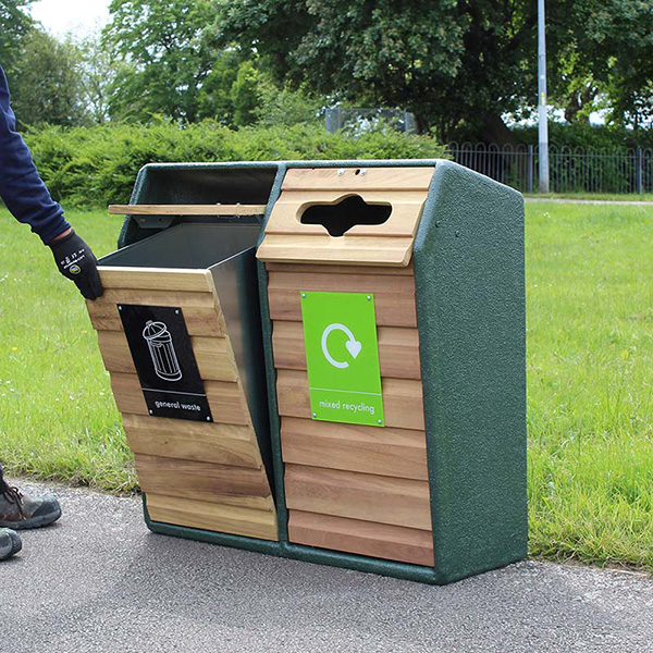 RLA/6 Double Timber Fronted Litter & Recycling Bin. Front opening showing internal steel liners.