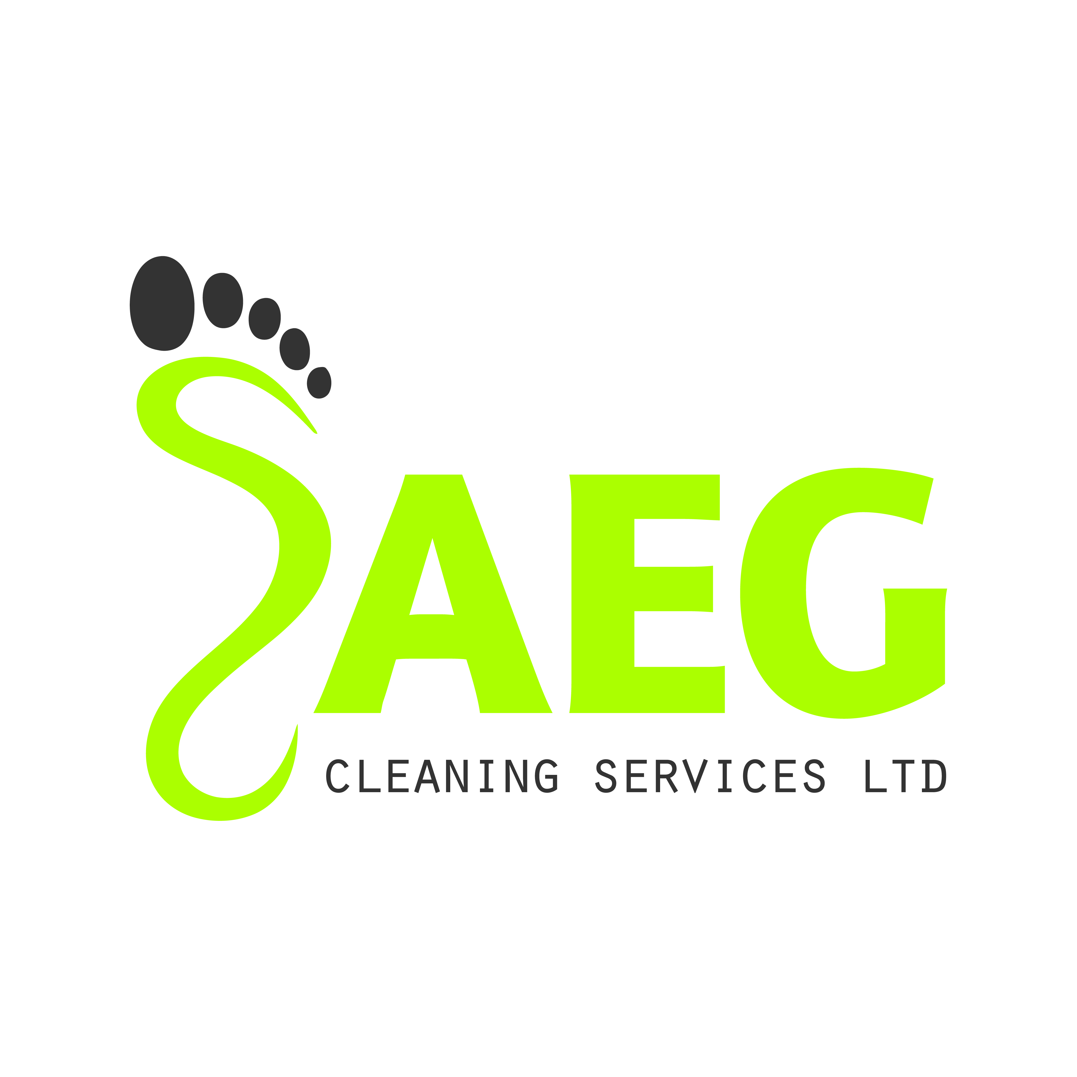 Logo with an encvironmental footprint and the words AEG Cleaning Services Ltd