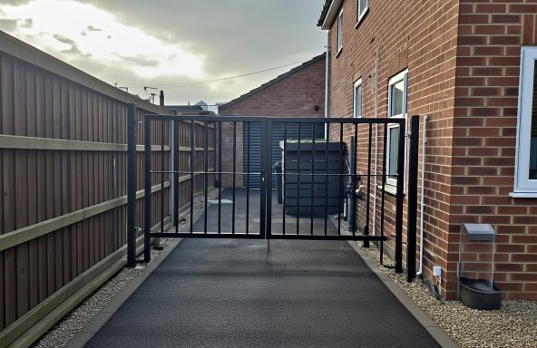 Black steel double swing driveway gates installed by JAS Welding Services Ltd beside a red-brick house