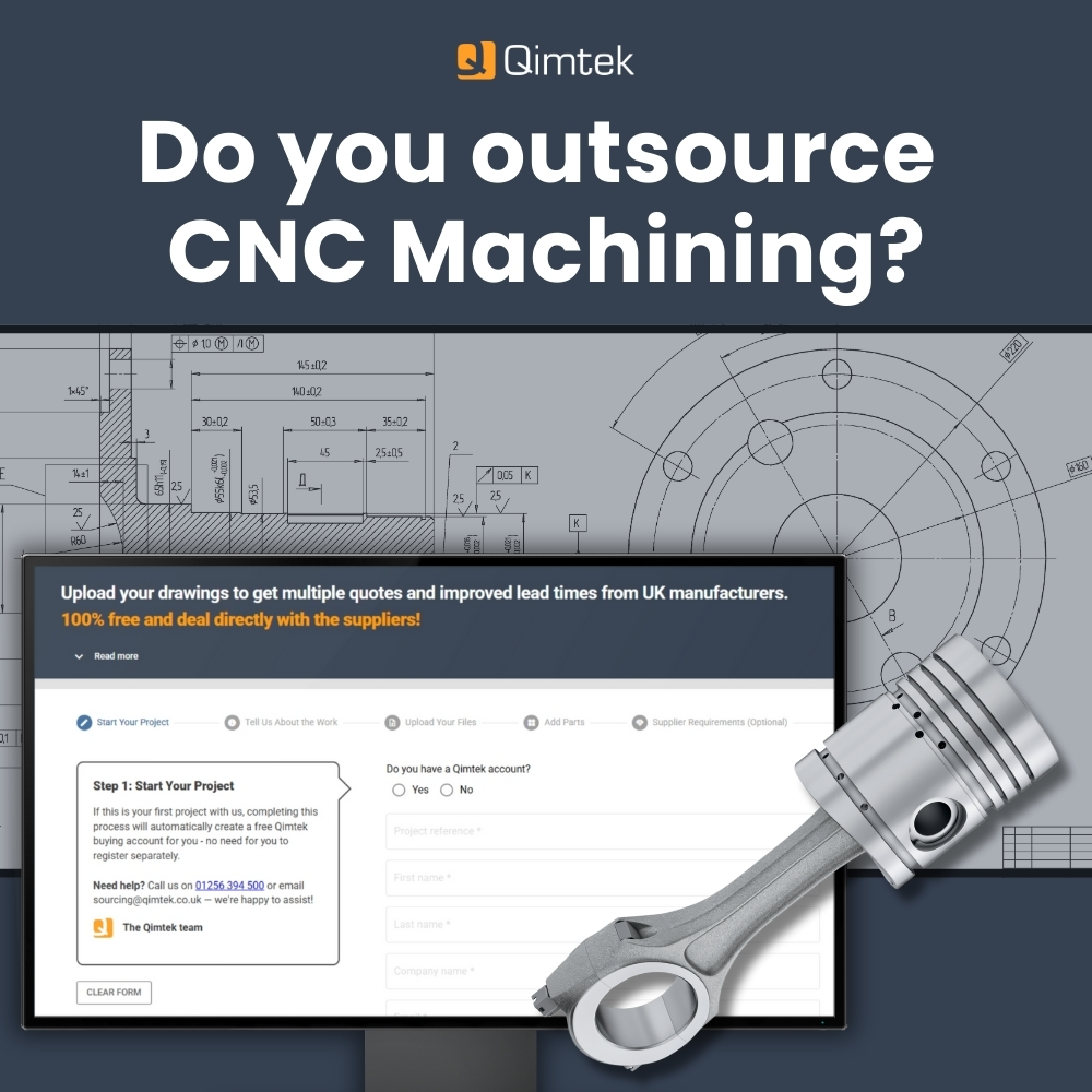 Promotional Qimtek graphic advertising CNC machining outsourcing, featuring CAD engineering drawings, an upload drawings quote form, and a realistic machined piston and connecting rod.