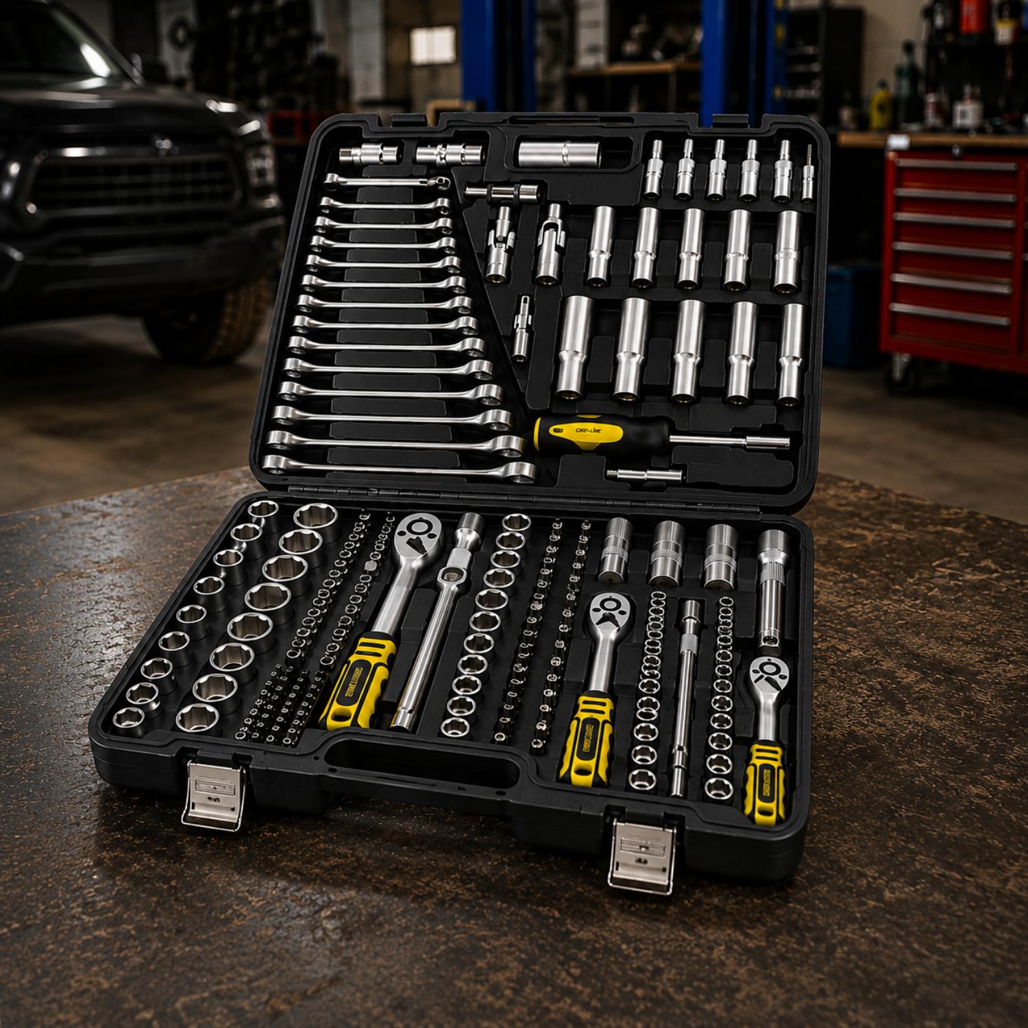 Right Lines 216-piece socket set open on a workbench in a garage.