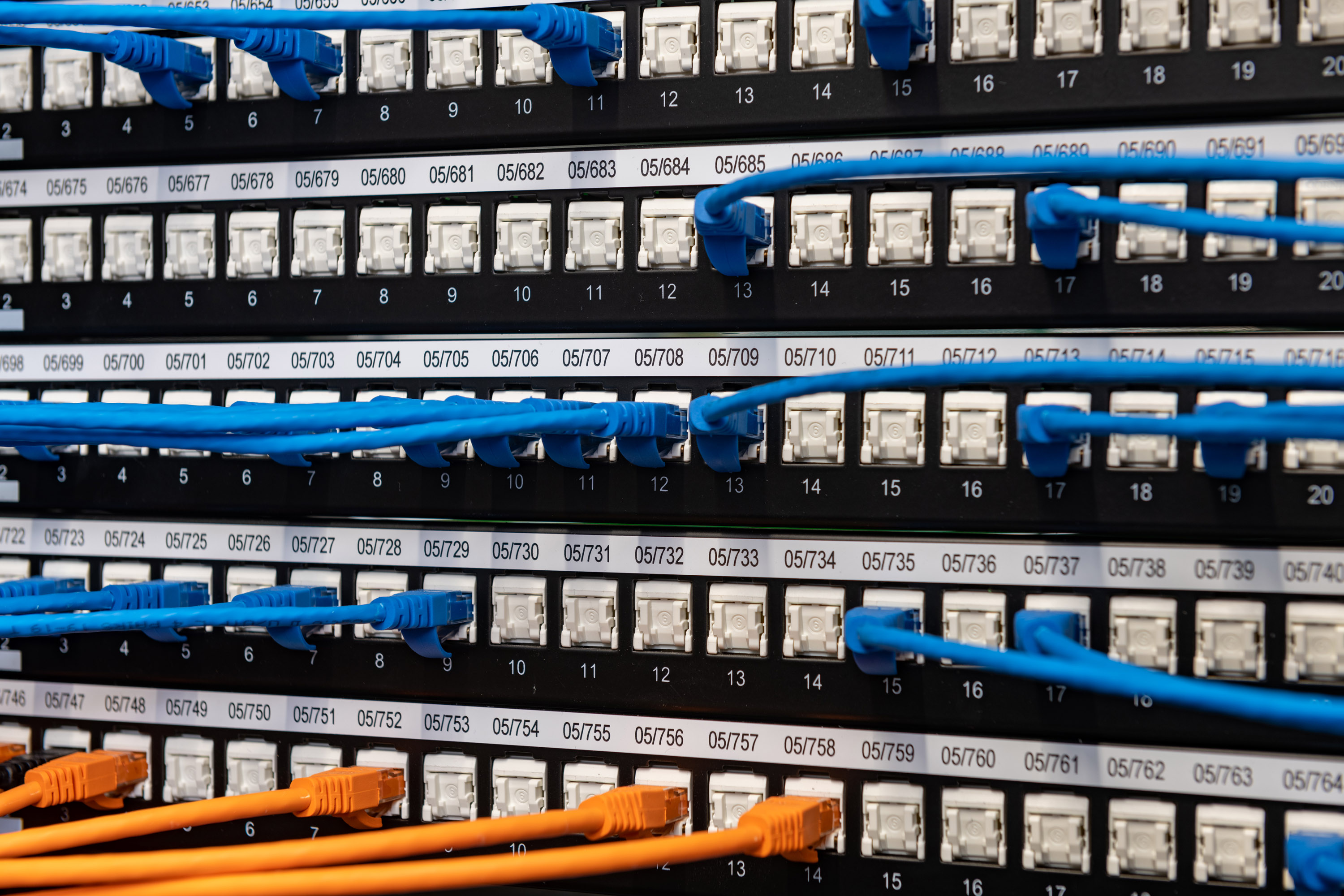 Close-up of professional network infrastructure with blue Ethernet data cabling connected to managed network switches.