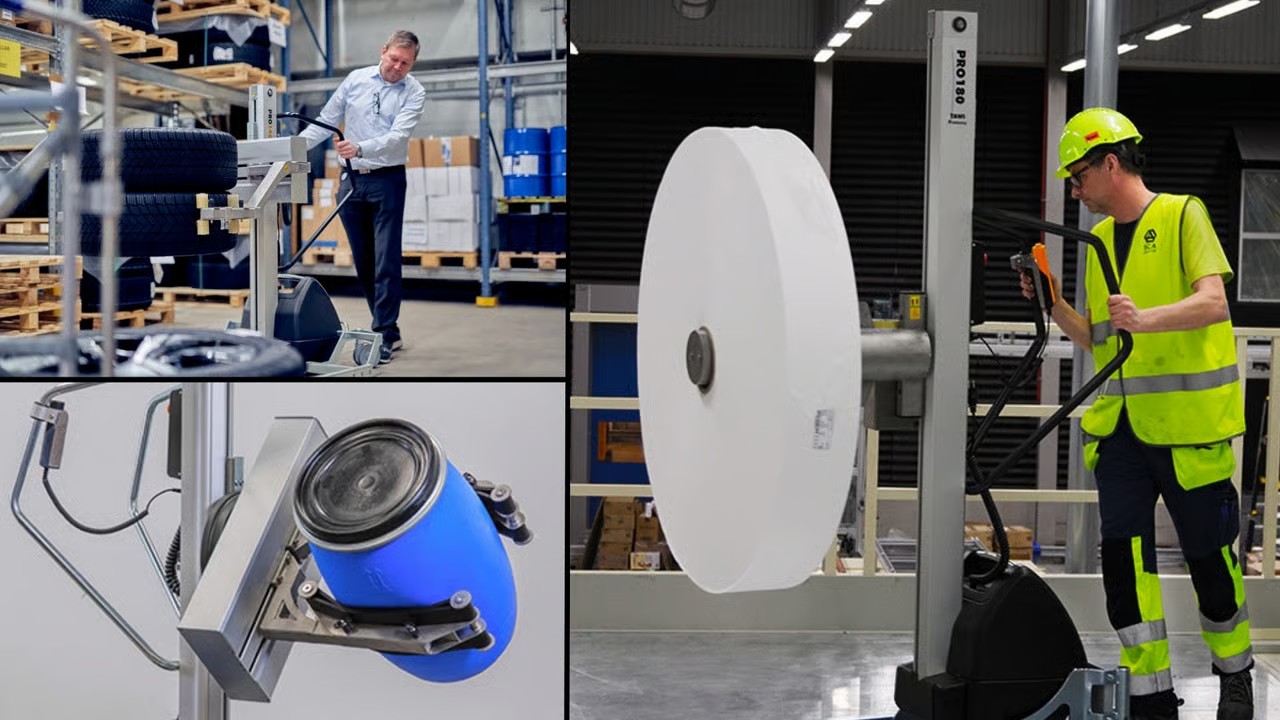 Three versions of the TAWI Lifting Trolley with attachments for lifting and transporting drums, tyres and reels in industrial environments