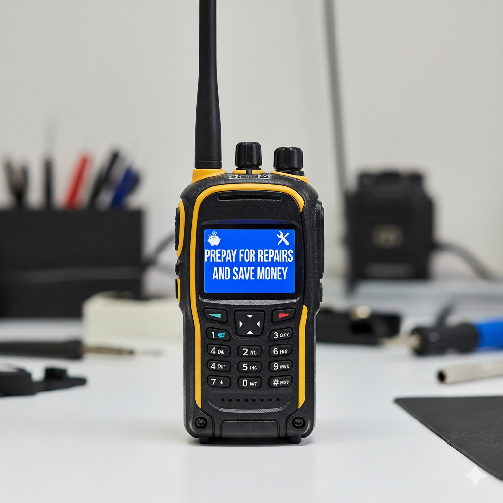 Image of a walkie-talkie that says Prepay and save money