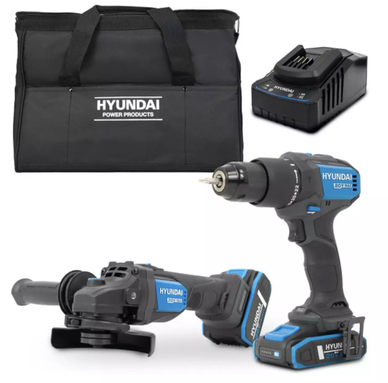 Hyundai 20V Cordless Hammer Drill 60Nm & Angle Grinder 115mm Brushless Kit, inc. 2.0Ah & 4.0Ah Li-ion Battery & 2A Charger | S02-FTB