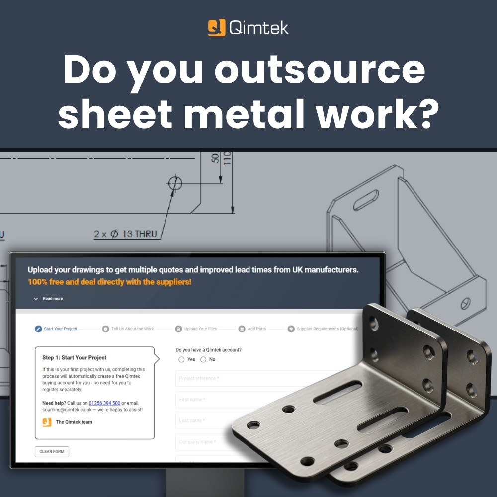 Promotional Qimtek graphic advertising CNC machining outsourcing, featuring CAD engineering drawings, an upload drawings quote form, and a realistic machined piston and connecting rod.