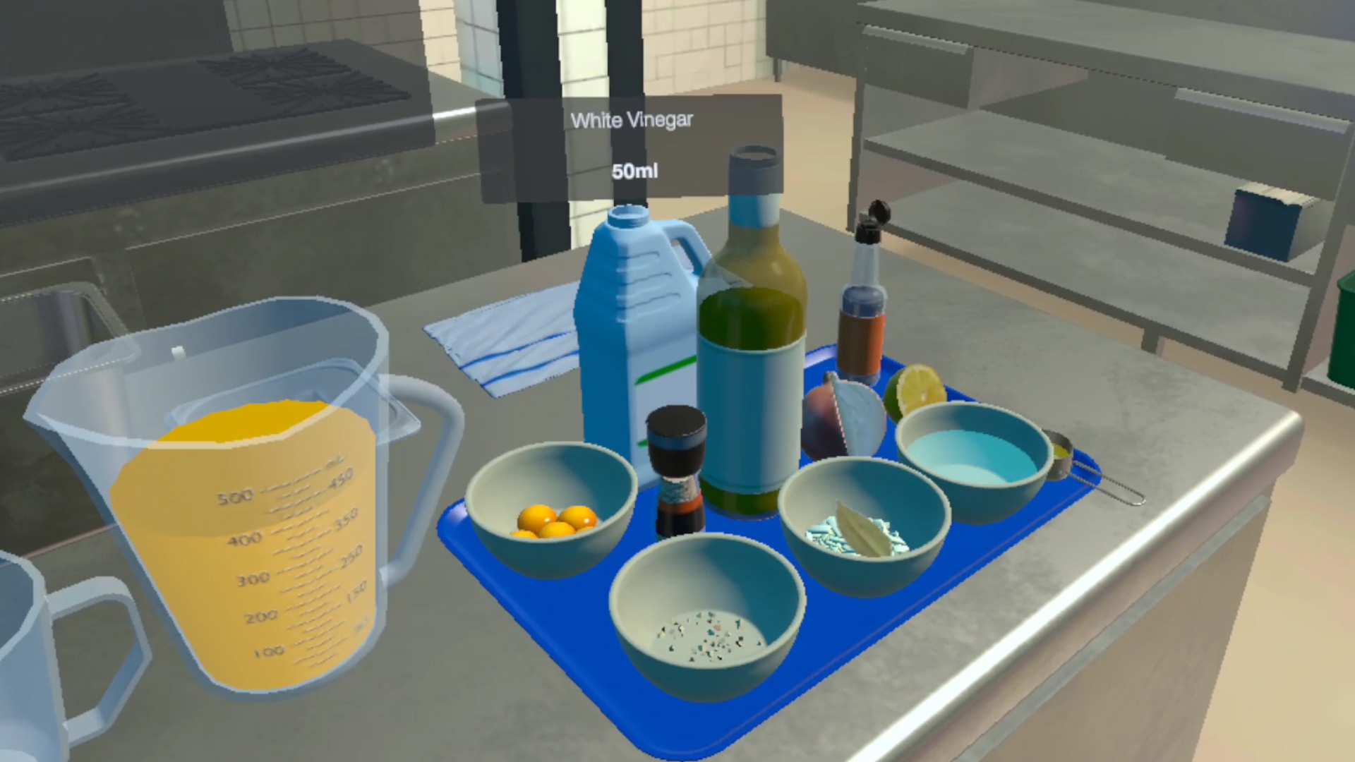VR culinary training simulation showing ingredients and measuring equipment in a virtual kitchen for immersive learning and practical skills training.
