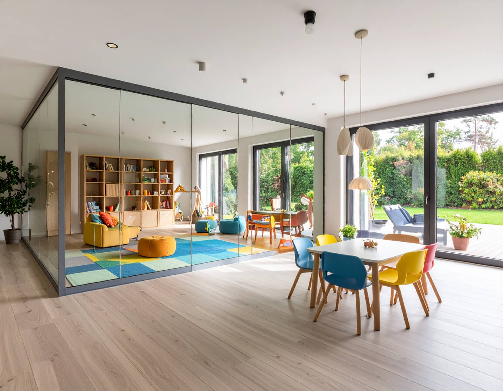 Home office design with glass partitions