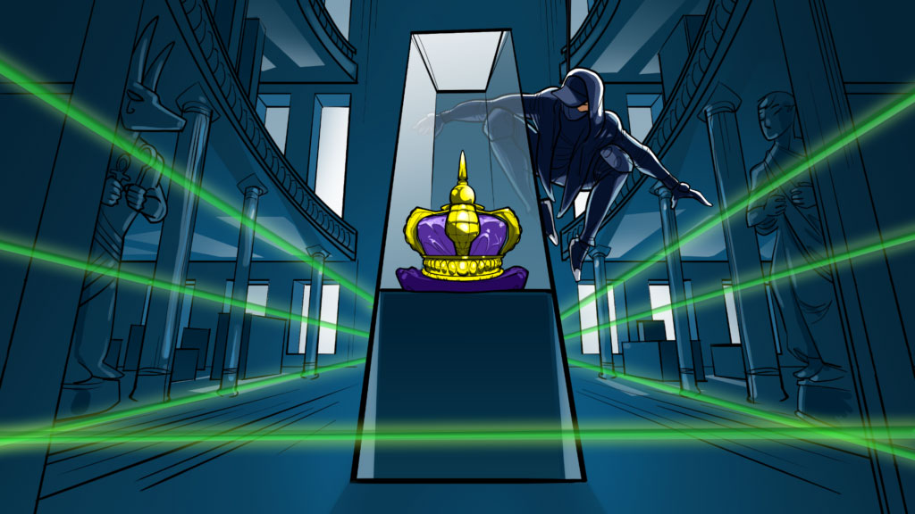 Animated cybersecurity illustration showing a hacker navigating laser security to reach protected crown jewels, representing privileged access security and valuable data protection.