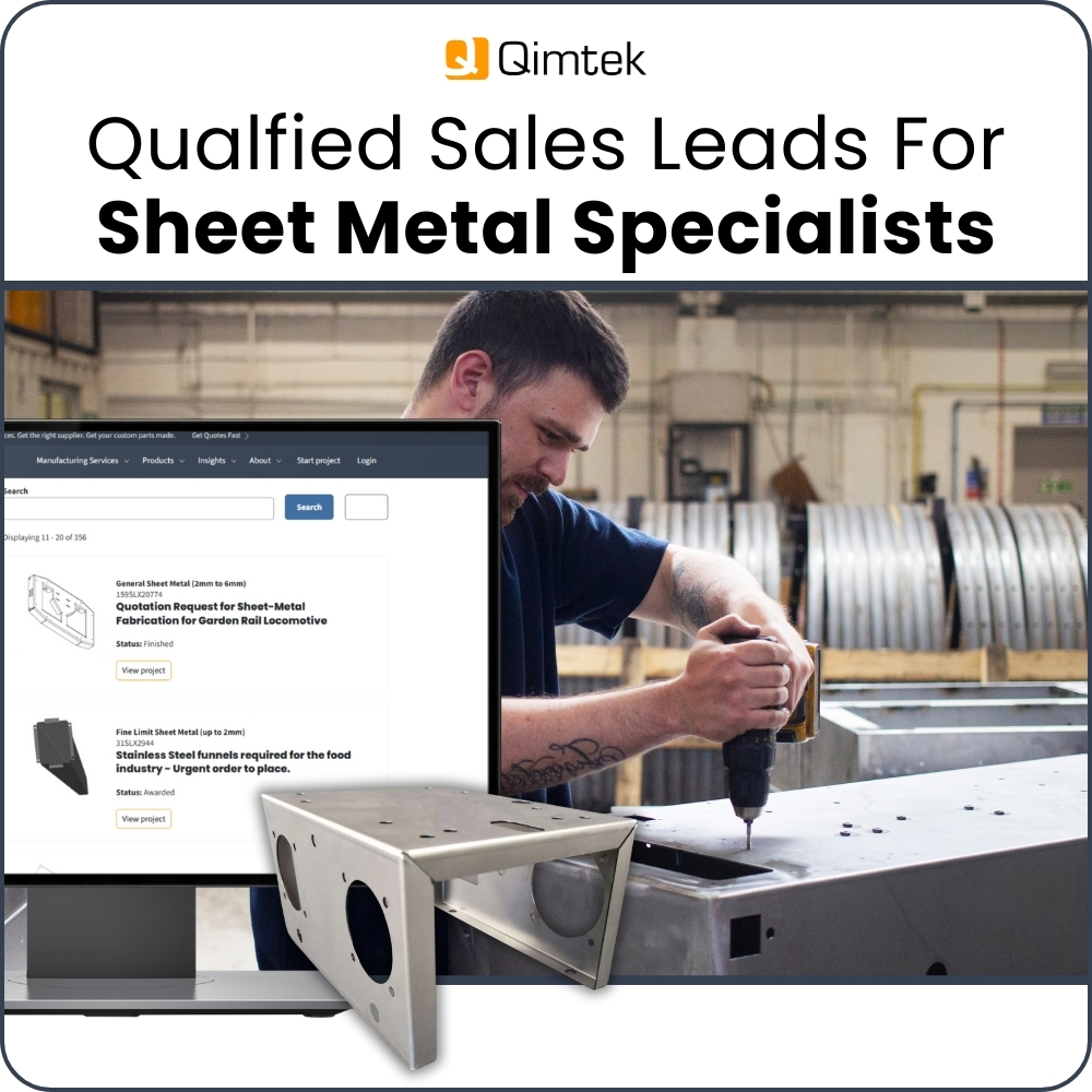 Qimtek platform displaying live sheet metal fabrication RFQs alongside a specialist working on sheet metal components, promoting qualified sales leads for sheet metal suppliers.