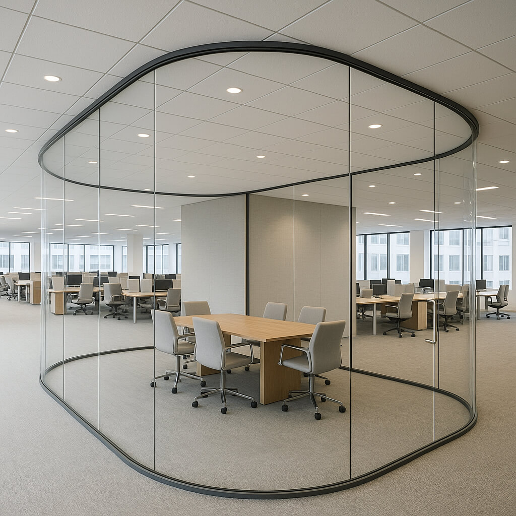 Large office space design with curved glass partitions