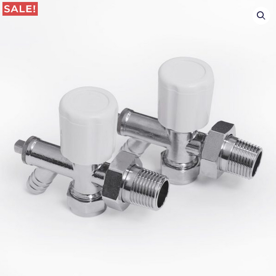 Modern Angled Radiator Valves w/ Drain Off (Chrome) 1/2″ x 15mm