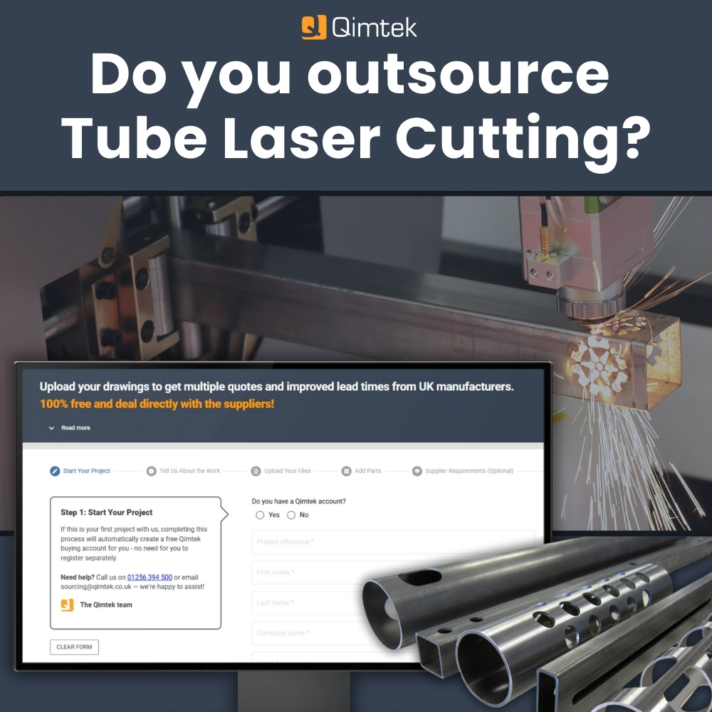 Qimtek banner promoting tube laser cutting outsourcing with tube laser cutting in action and precision-cut metal tubes.