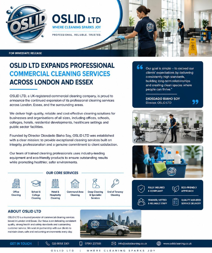OSLID LTD Expands Professional Commercial Cleaning Services Across London and Essex