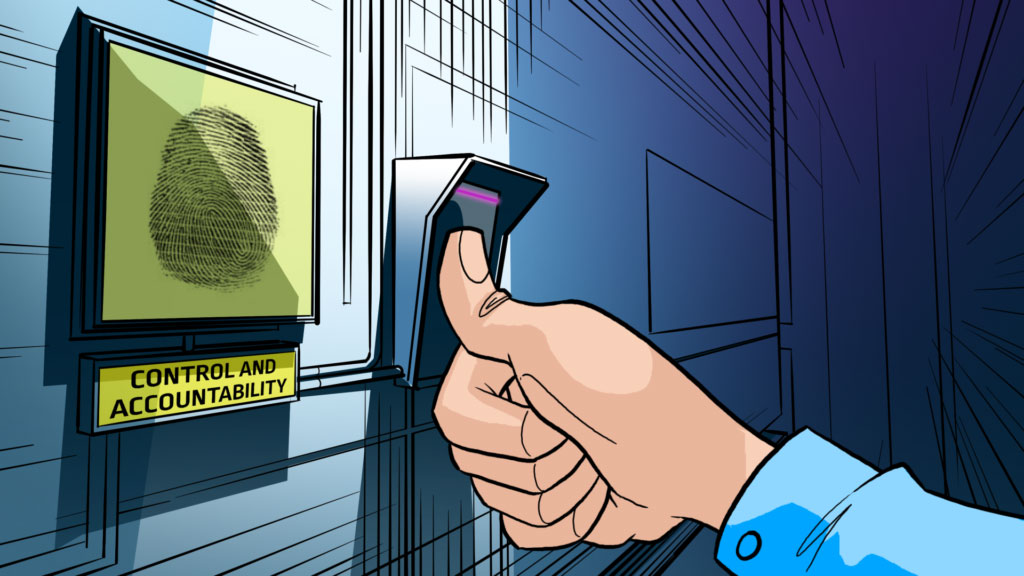Animated cybersecurity illustration showing fingerprint biometric authentication, representing privileged access security, identity verification, control and accountability.