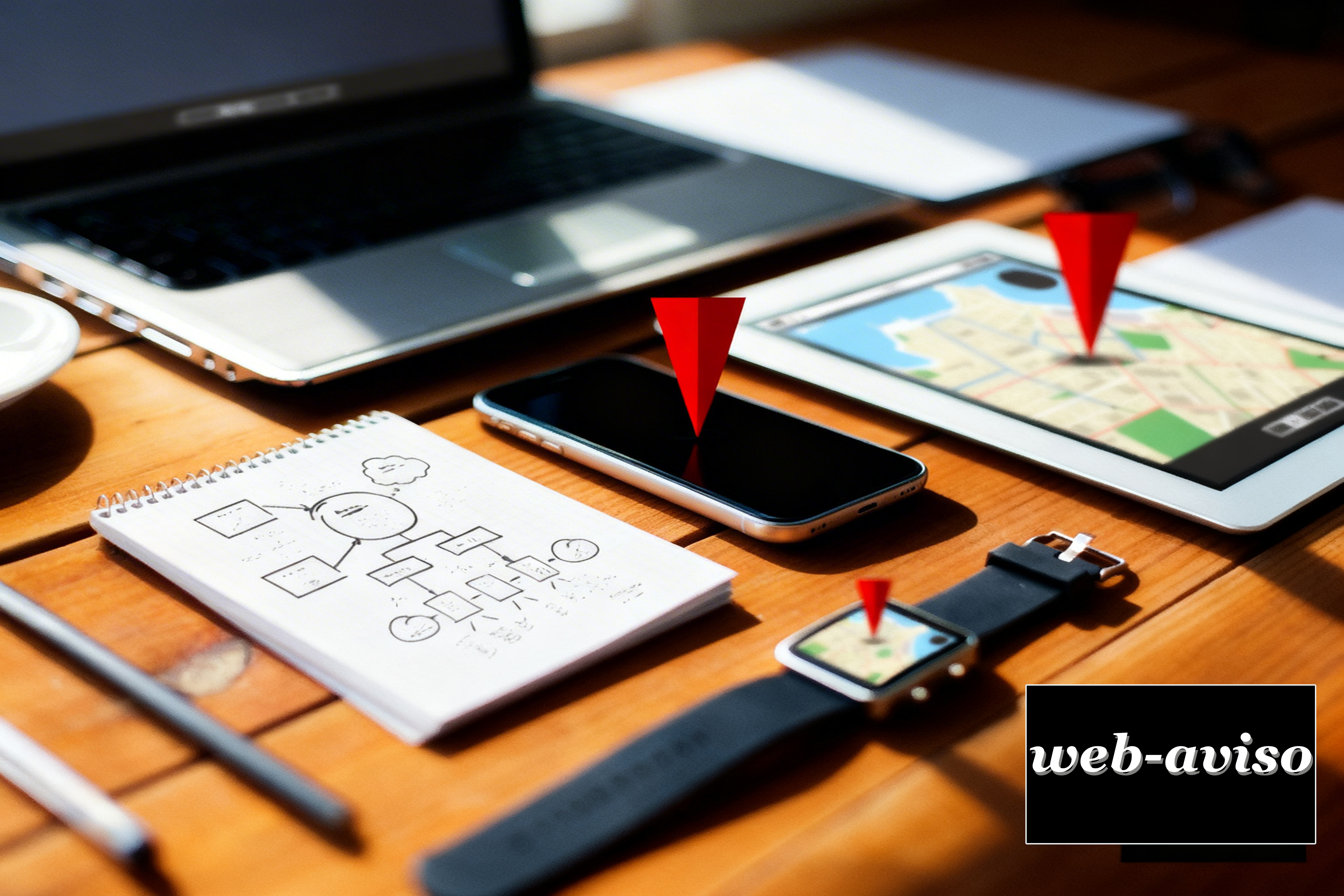 Multi-device workspace with red map pin markers on a phone, tablet, and smartwatch, alongside a laptop and wireframe sketchpad, branded with web-aviso.