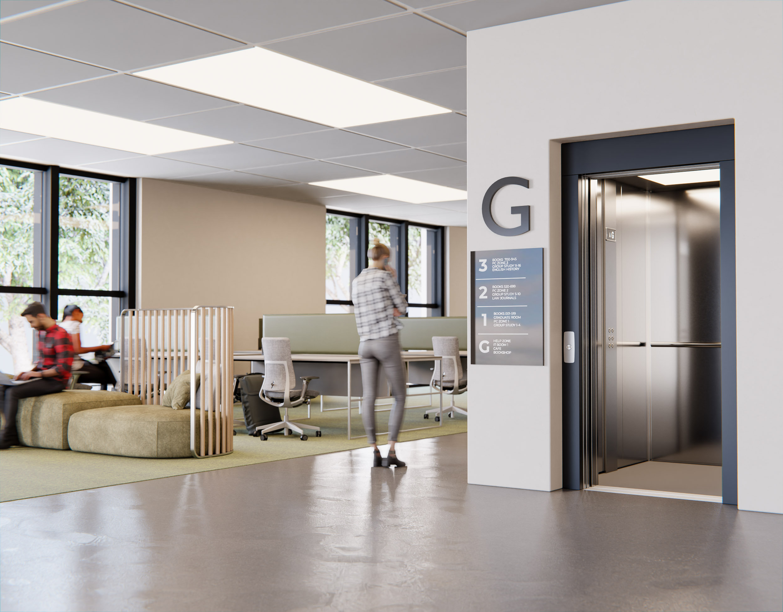 Modern office interior with an open stainless‑steel lift on the ground floor, adjacent to a wall sign marked ‘G’. The space includes desks, seating areas, and large windows providing natural light.