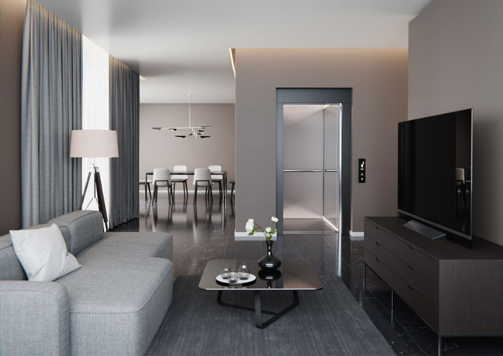 Modern living room with a grey sofa, coffee table, and TV unit, featuring a sleek home lift with open doors leading to a dining area in the background.