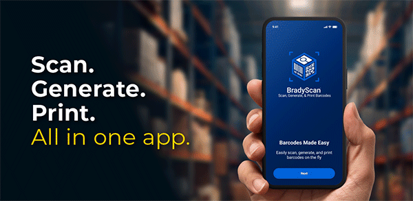 BradyScan app on smartphone in warehouse