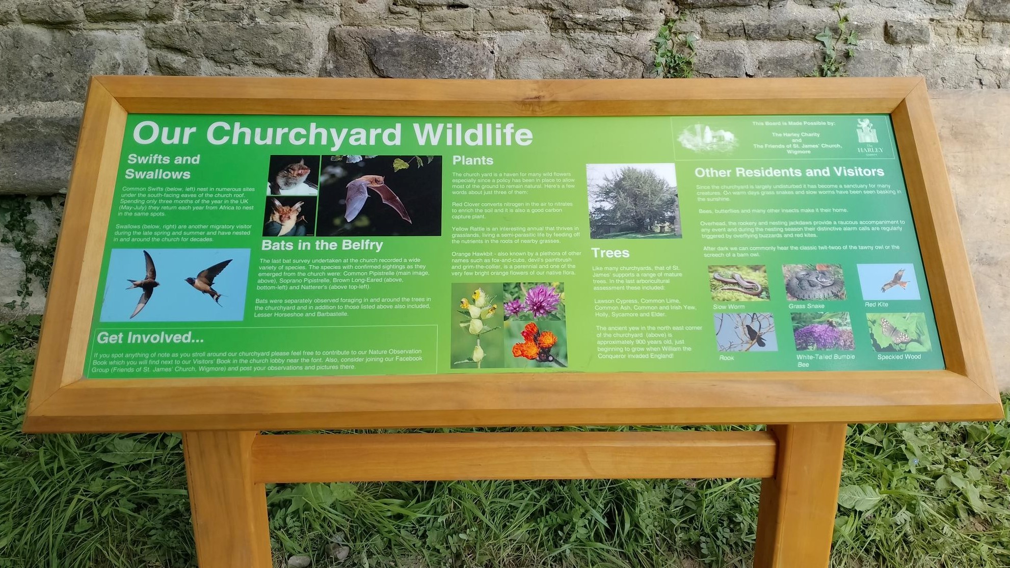 Long, narrow interpretive sign supplied with an oak & Accoya lectern frame.  Produced for a church but suitable for any rural environment.