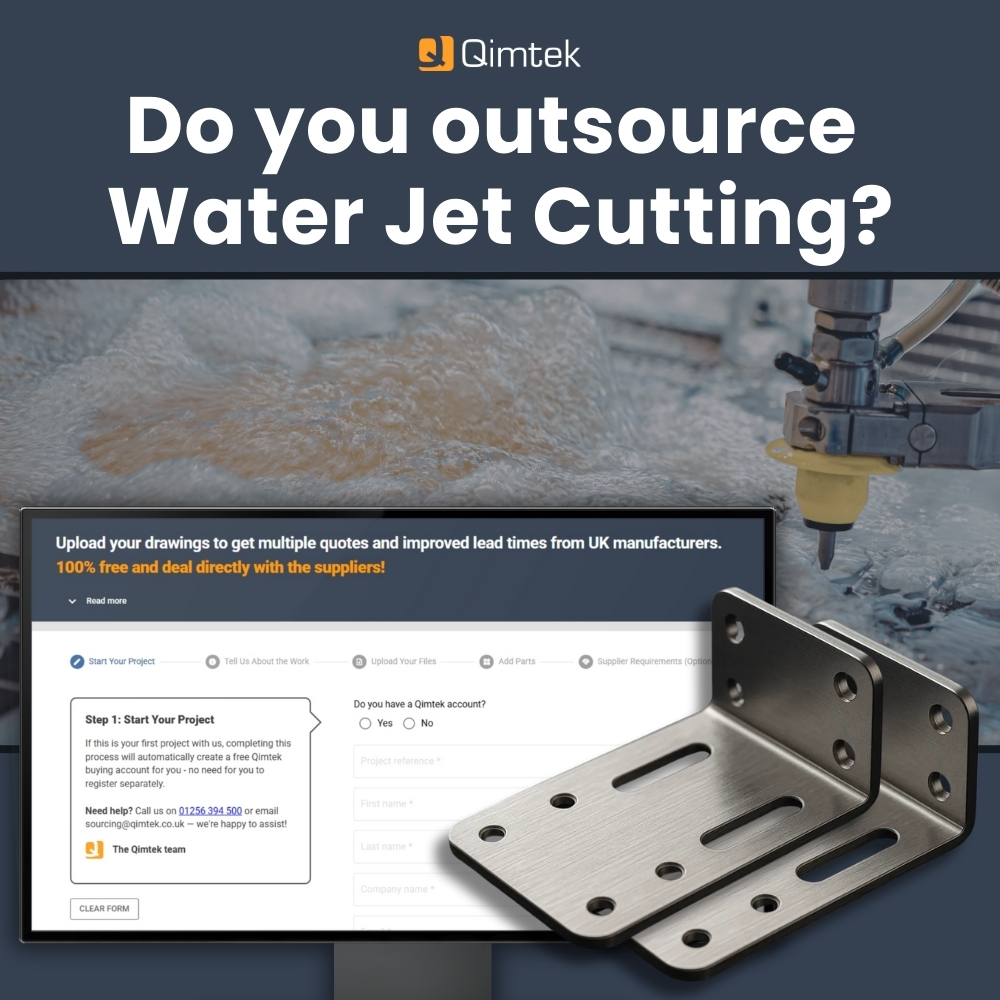 Promotional Qimtek graphic advertising water jet cutting services, featuring an active water jet cutter, CAD-based quote upload system, and finished metal components.
