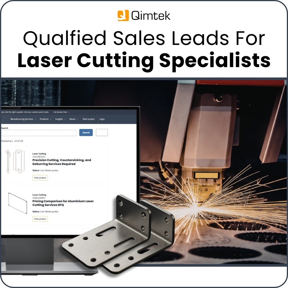 “Qimtek platform displaying live laser cutting RFQs alongside a laser cutting machine processing metal sheet, promoting qualified sales leads for laser cutting specialists.