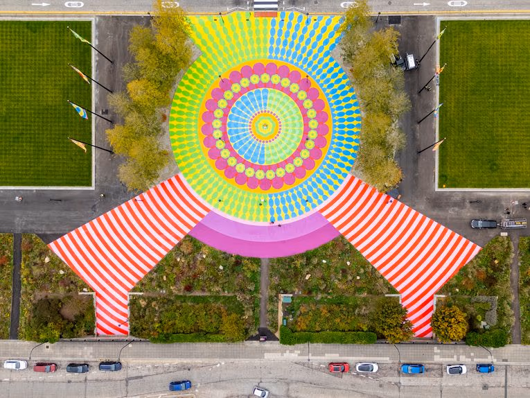 A drone shot of the vibrant, multicoloured floor mural at Station Square that used Polycotes Quick Coat EP epoxy paint system.