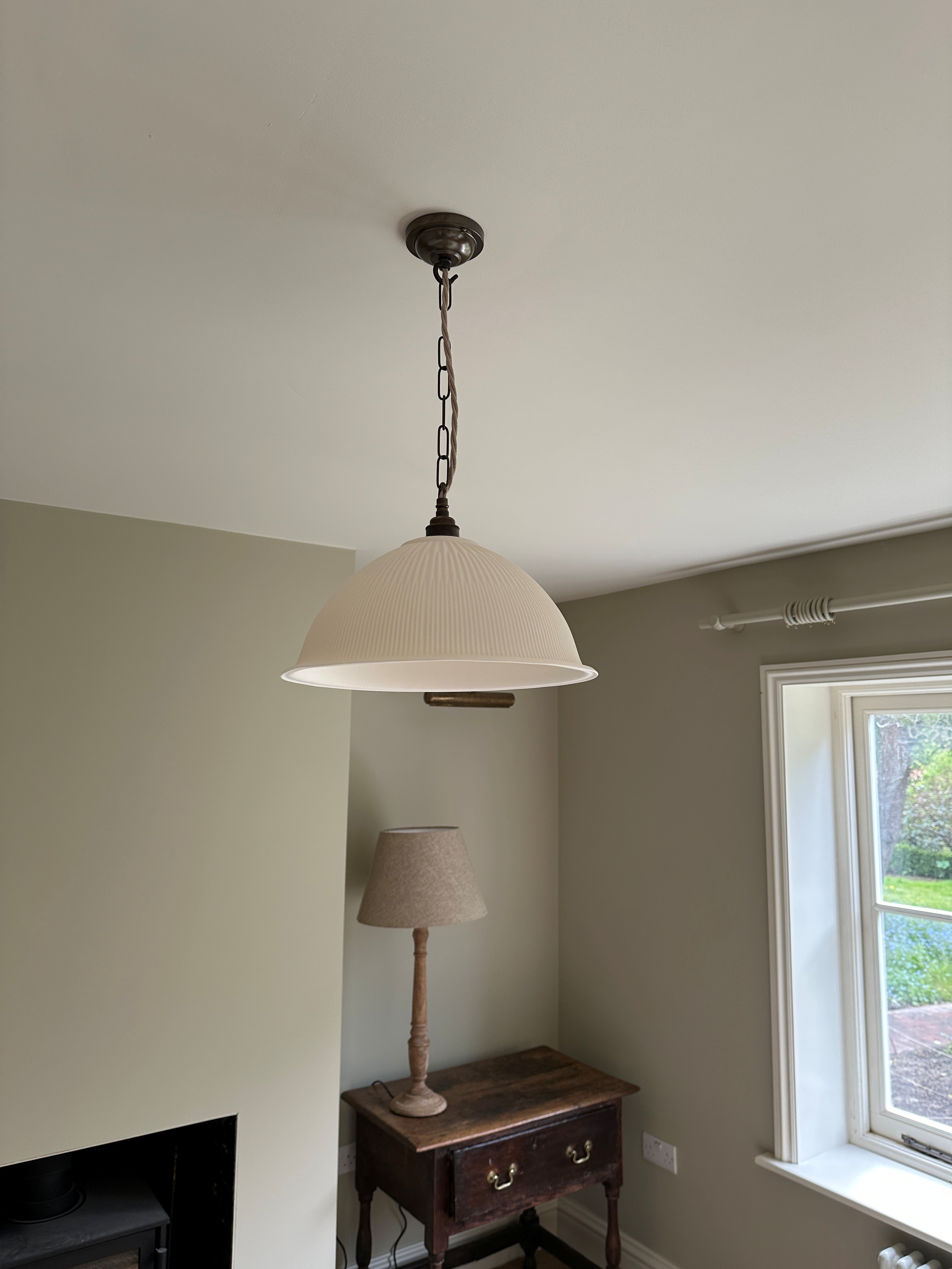 Denton Large Ribbed Ceramic Shade Pendant Light in a beige living room