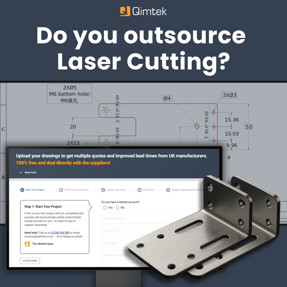 Qimtek promotional banner asking ‘Do you outsource laser cutting?’ featuring a technical laser cutting drawing, a computer screen showing a quote upload form, and finished laser-cut sheet metal brackets.