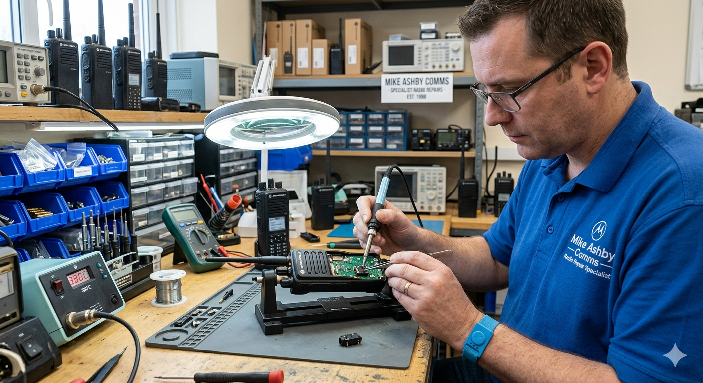 Man repairing a radio in the workshop.