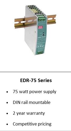 The new generation of Mean Well Slim-Line 75 watt DIN Rail Power Supplies the EDR-75 series now available from Ecopac Powe