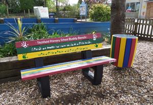 Pupils buy a Buddy Bench to promote friendship and caring at Titchfield Primary School.