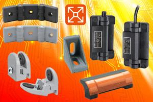 Profile Compatible interlock hinges, panel support clamps, hinges, corner brackets and handles for Safety Workstations from Elesa