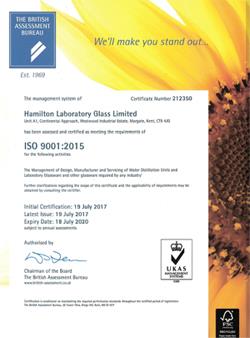 Hamilton Laboratory Glass - Certified under ISO 9001:2015 as from 19th July 2017