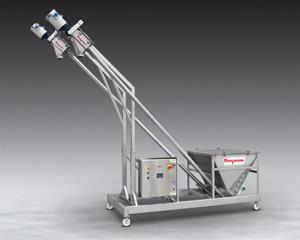Twin flexible screw conveyor with common hopper, mobile base