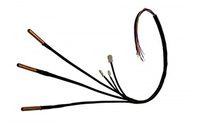 Wiring harnesses include glass encapsulated thermistors