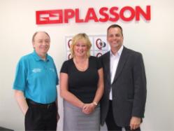 Plasson management team celebrate 20 years of successful business in the UK.  Pictured right to left are Simon Merckel, Marketing Manager; Alison Stafford, Administration Manager; and Barry Taylor, Operations Manager