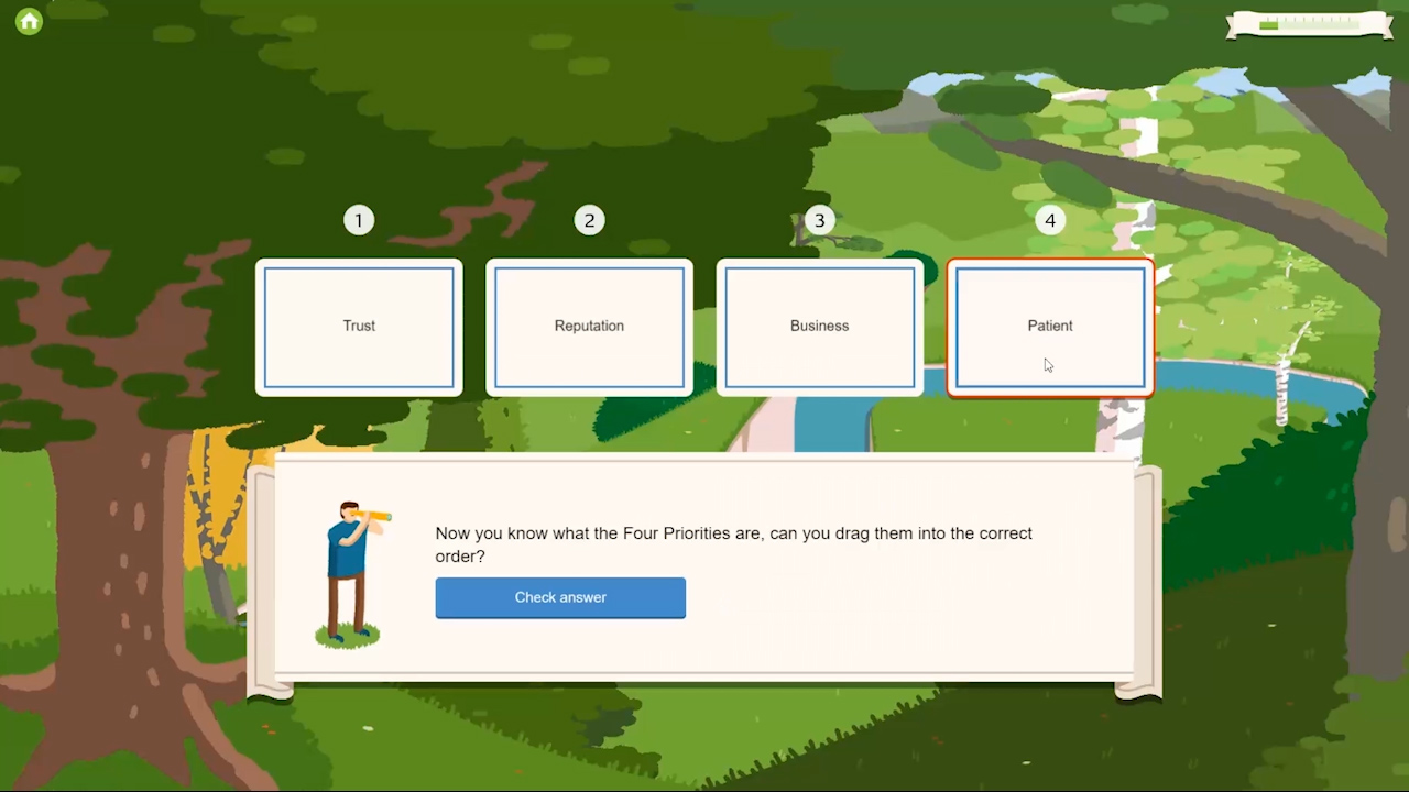 Interactive e-learning module showing a drag-and-drop quiz activity designed to reinforce key learning priorities through gamification.