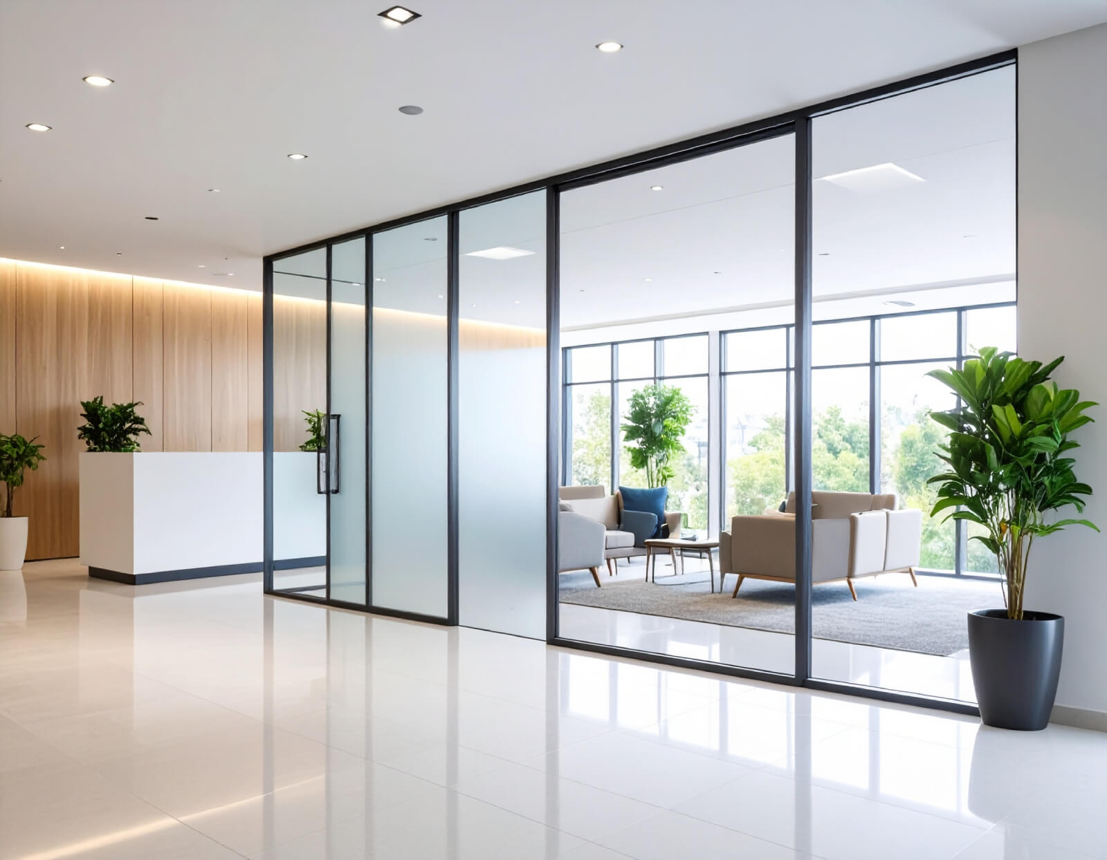 Reception area with sliding glass doors